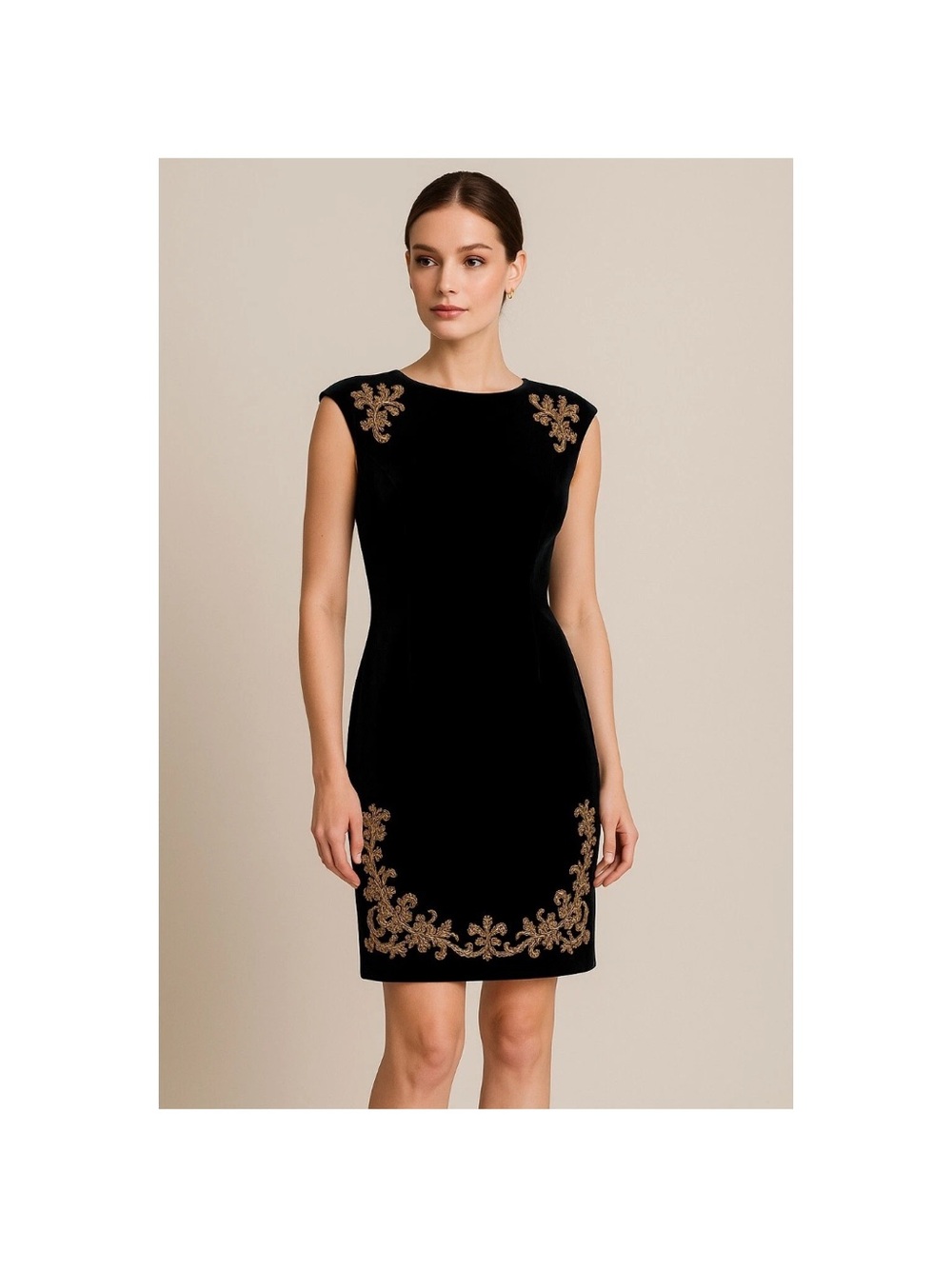 White House Black Market Black Velvet Mini Dress with Gold Appliqué